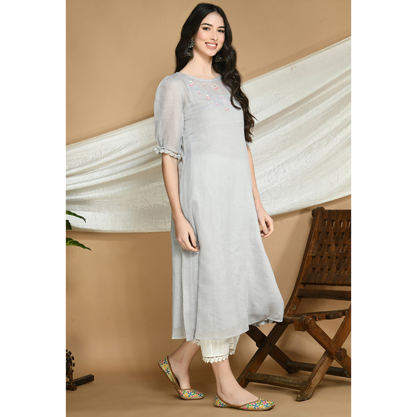 Embroidered Kota Doria Kurta | Grey