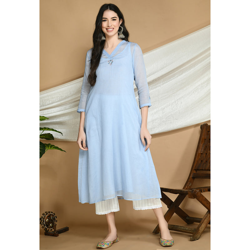 Embroidered Kota Doria Kurta | Blue