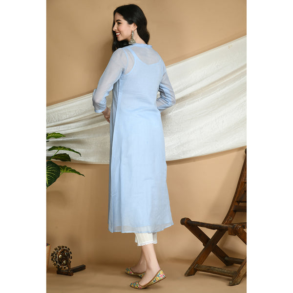 Embroidered Kota Doria Kurta | Blue