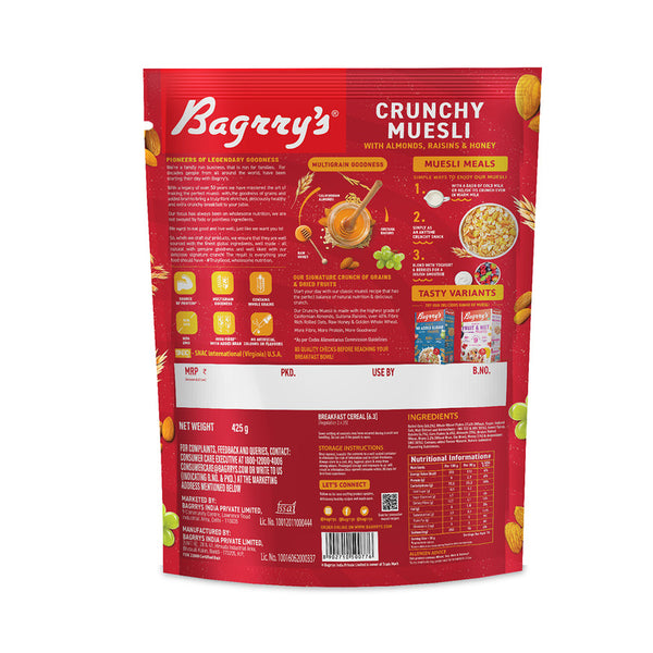 Bagrry's Muesli | Crunchy | 82% Multi Grains, Almonds, Raisins & Honey | Breakfast Cereal | 425 g