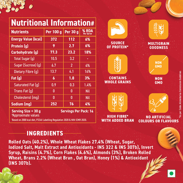 Bagrry's Muesli | Crunchy | 82% Multi Grains, Almonds, Raisins & Honey | Breakfast Cereal | 425 g