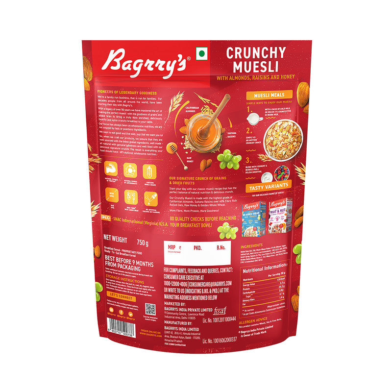 Bagrry's Muesli | Crunchy | 40% Fibre Rich Oats with Bran | Breakfast Cereal | Source of Protein | 750 g