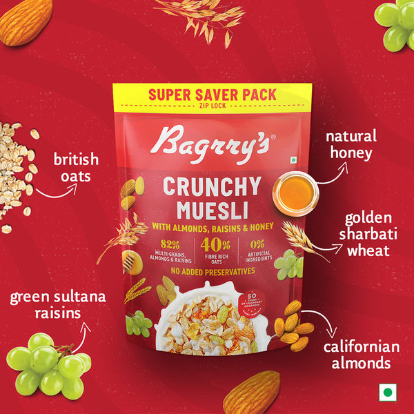 Bagrry's Muesli | Crunchy | 40% Fibre Rich Oats with Bran | Breakfast Cereal | Source of Protein | 750 g