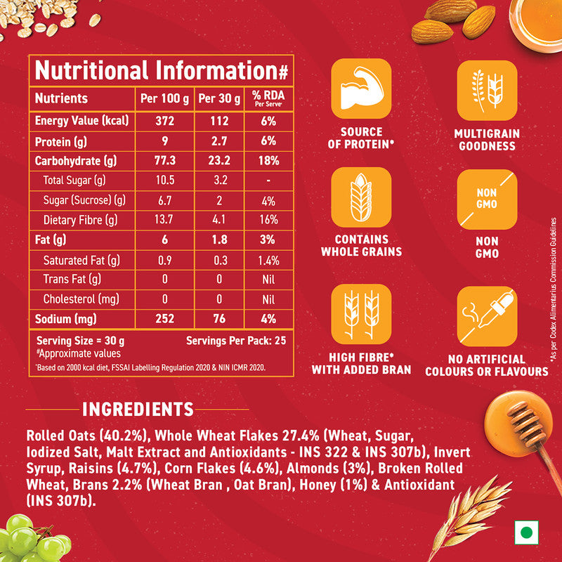 Bagrry's Muesli | Crunchy | 40% Fibre Rich Oats with Bran | Breakfast Cereal | Source of Protein | 750 g