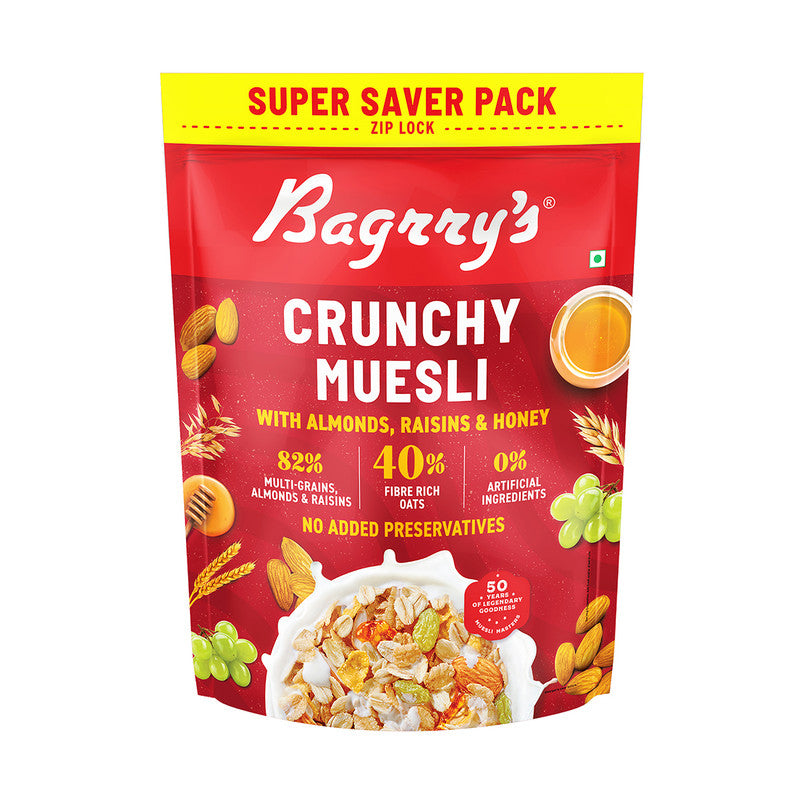 Bagrry's Muesli | Crunchy | 40% Fibre Rich Oats with Bran | Breakfast Cereal | Source of Protein | 750 g