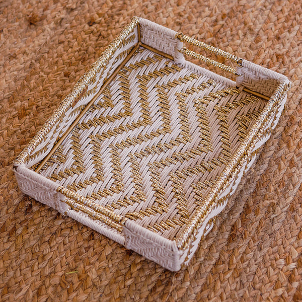 Cotton & Upcycled Plastic Chevron Tray | White & Gold | 15x12x3 Inches