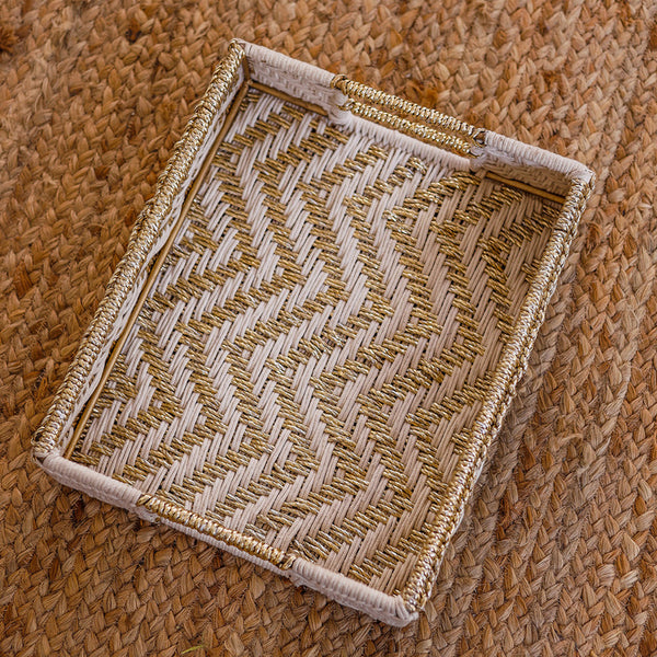 Cotton & Upcycled Plastic Chevron Tray | White & Gold | 15x12x3 Inches