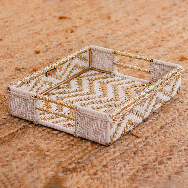 Cotton & Upcycled Plastic Chevron Tray | White & Gold | 15x12x3 Inches