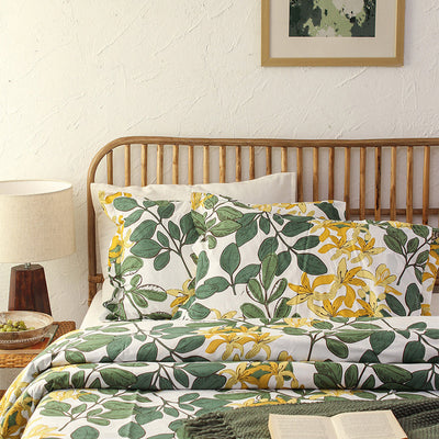 Cotton Duvet Cover | Leaf Print | Green & Yellow