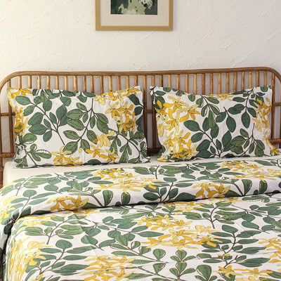 Cotton Duvet Cover | Leaf Print | Green & Yellow