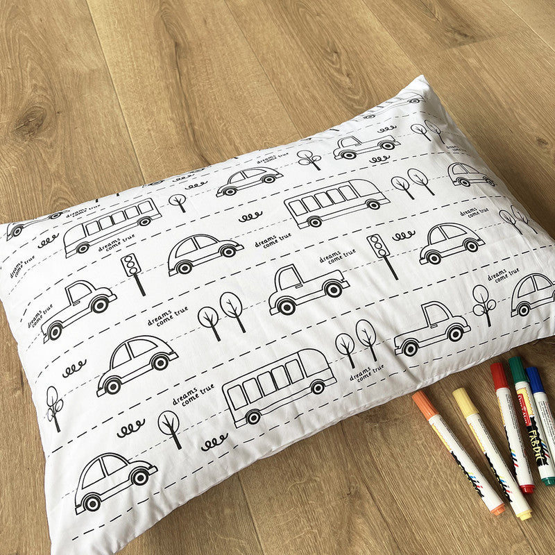 Kids Home Decor | Kids Art & Colouring Kit | Transport Drawing | 2 Pillow Cover