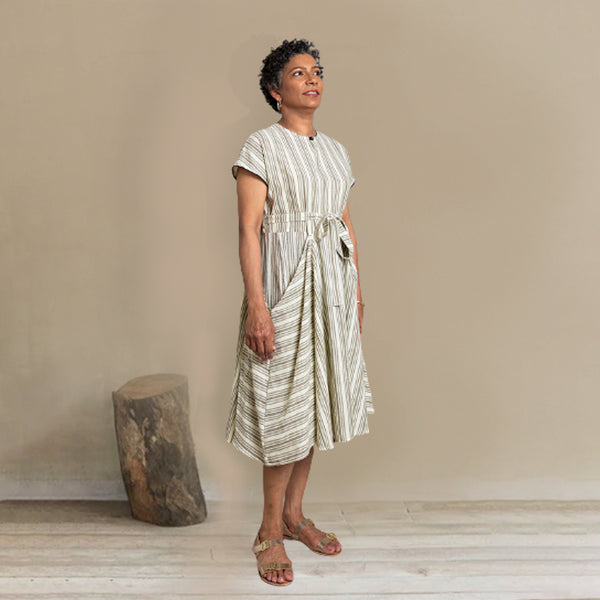 Cotton Calf Lenght Dress | Striped | Pine