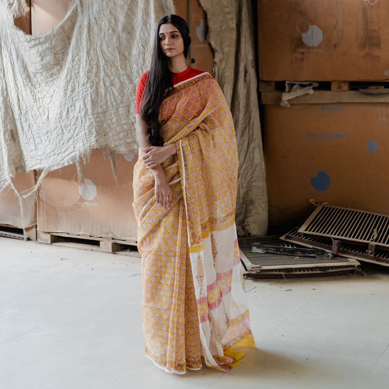 Kota Doria Sarees | Sanganeri Print | Orange