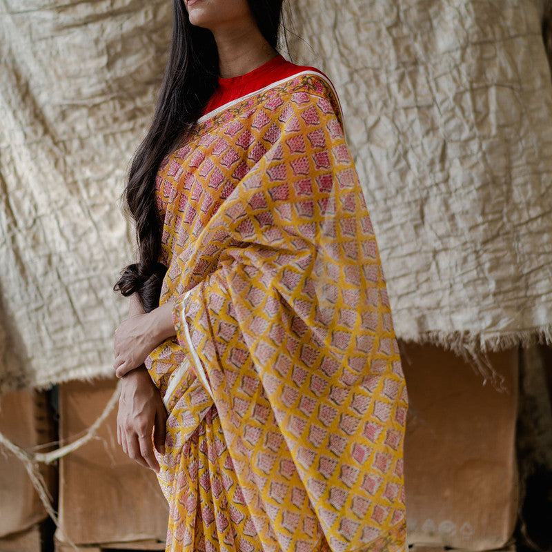 Festive Wear | Kota Doria Sanganeri Print Saree | Orange