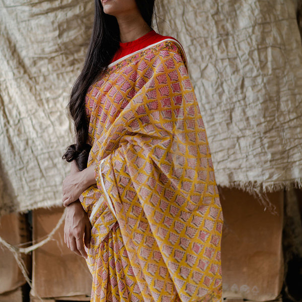 Kota Doria Sarees | Sanganeri Print | Orange