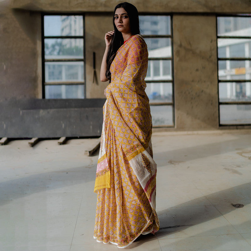 Kota Doria Sarees | Sanganeri Print | Orange