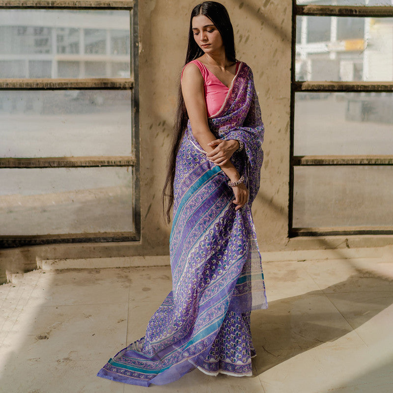 Festive Wear | Kota Doria Sanganeri Print Saree | Blue