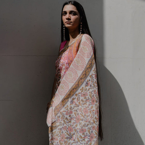 Festive Wear | Kota Doria Sanganeri Print Saree | Beige & Pink