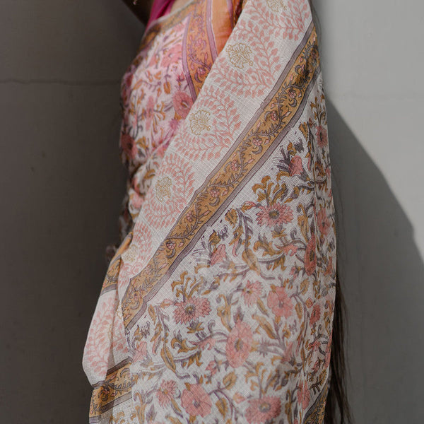 Festive Wear | Kota Doria Sanganeri Print Saree | Beige & Pink