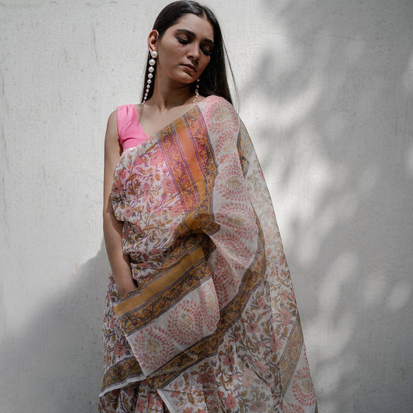 Festive Wear | Kota Doria Sanganeri Print Saree | Beige & Pink