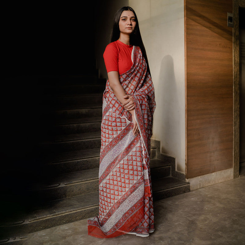 Festive Wear | Kota Doria Sanganeri Print Saree | Red