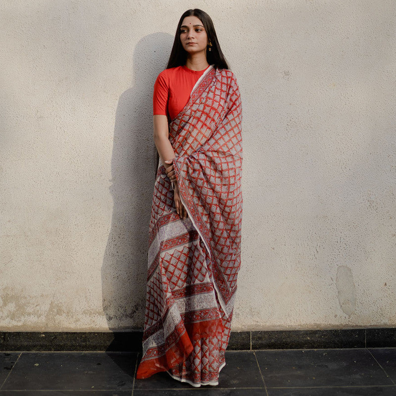 Festive Wear | Kota Doria Sanganeri Print Saree | Red