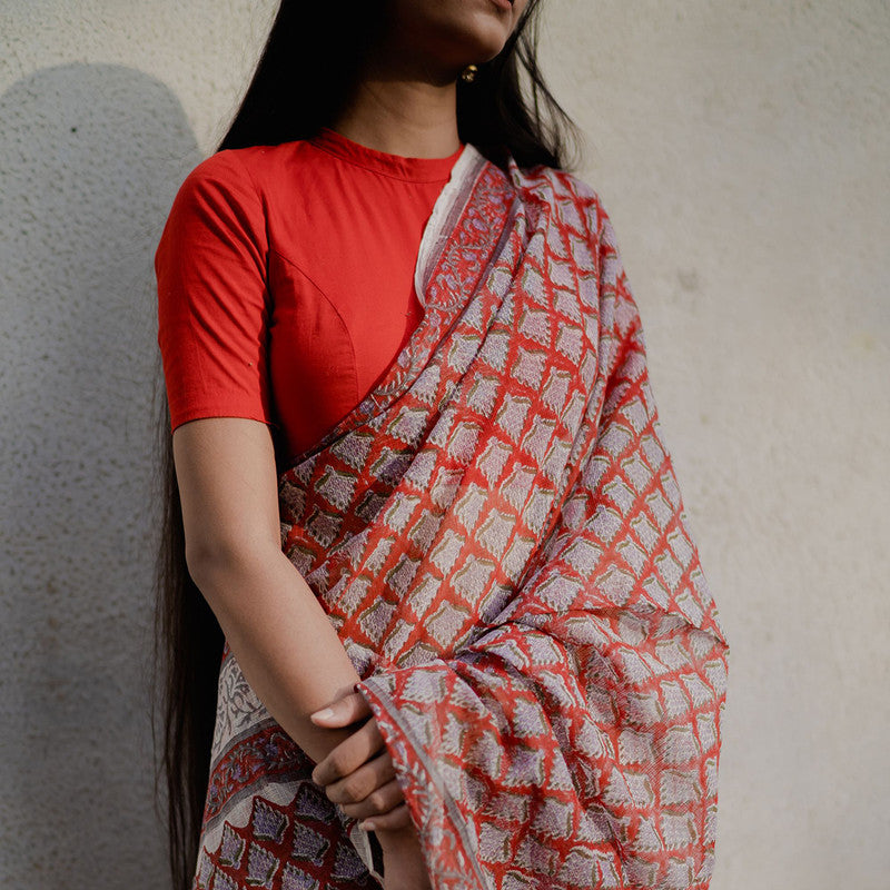 Festive Wear | Kota Doria Sanganeri Print Saree | Red