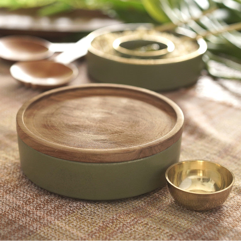Wooden & Ceramic Roti Casserole With Brass Katori | Green, Gold & Brown