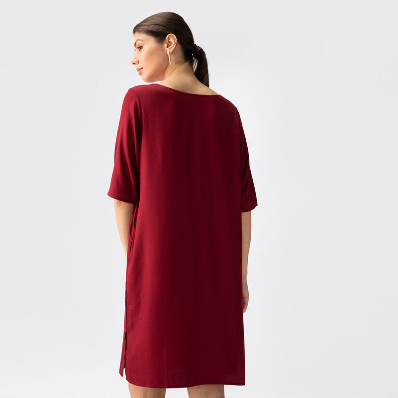 Cotton Tencel Dress | Straight Fit | Maroon