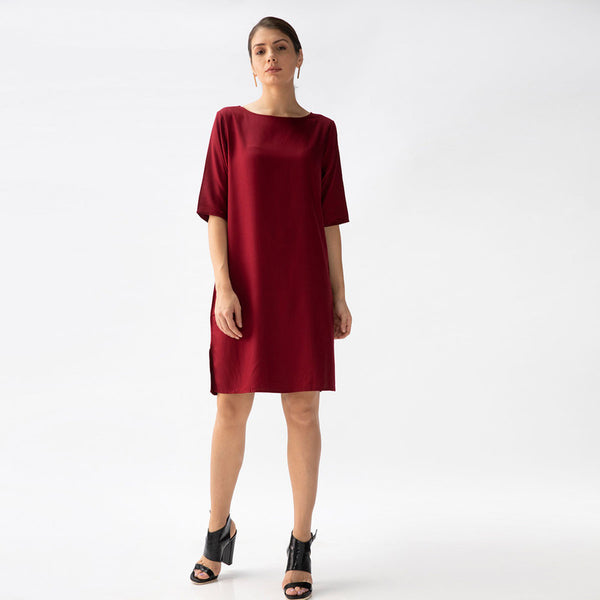 Cotton Tencel Dress | Straight Fit | Maroon