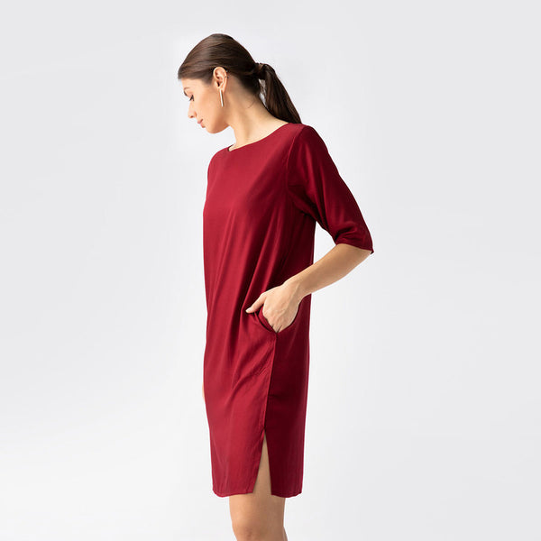 Cotton Tencel Dress | Straight Fit | Maroon