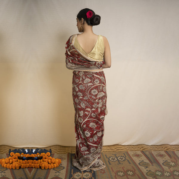 Chanderi Silk Saree with Blouse | Handpainted Motifs | Red & Beige