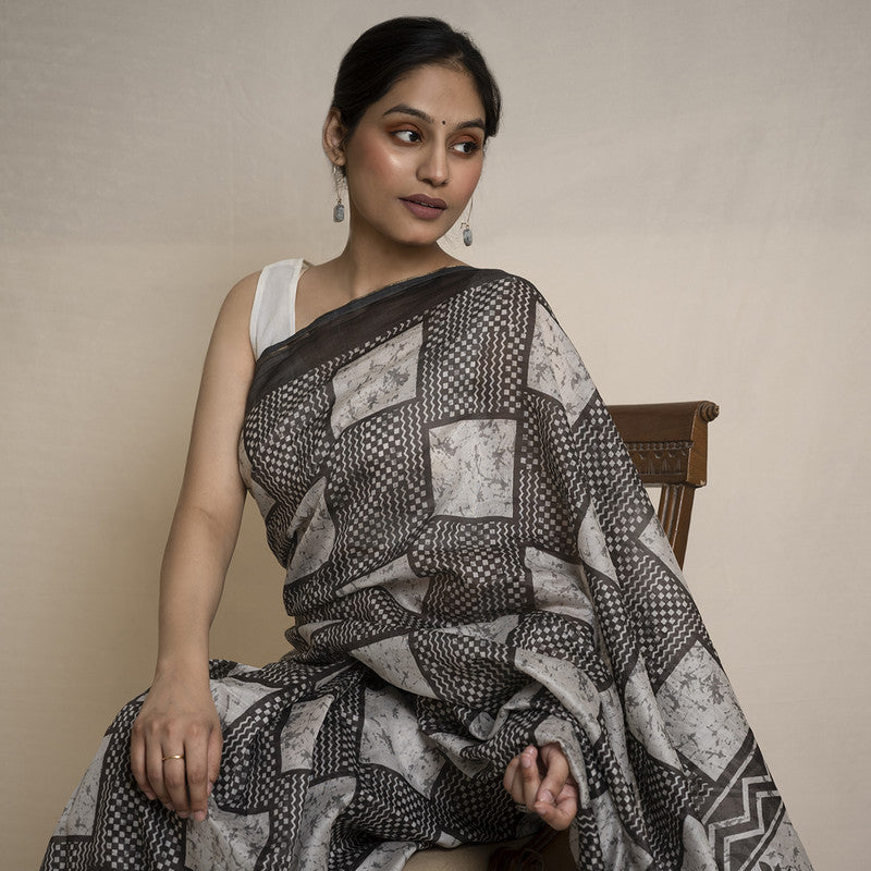 Chanderi Silk Saree with Blouse | Hand Block Printed | Black & White