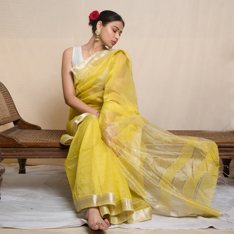 Maheshwari Silk Saree with Blouse | Lemon Yellow