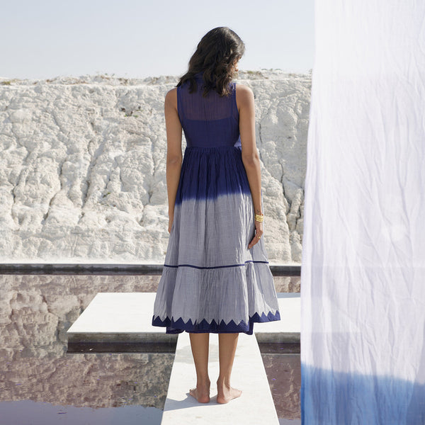 Chanderi Silk A-Line Dress | Blue & Grey