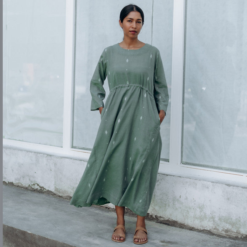 Handwoven Cotton Naturally Dyed Midi Dress | Sage Green