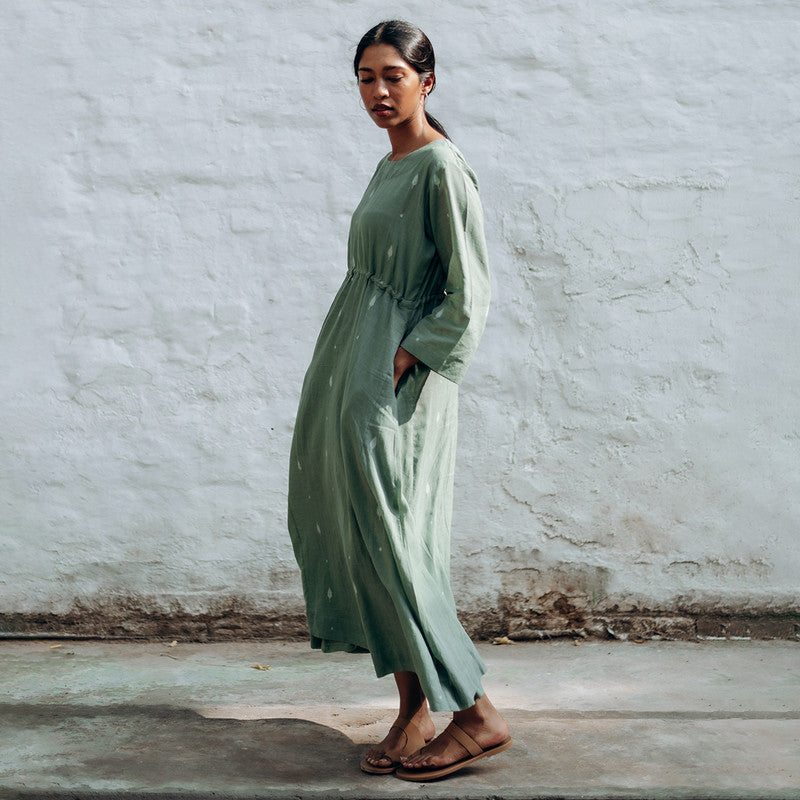 Handwoven Cotton Naturally Dyed Midi Dress | Sage Green