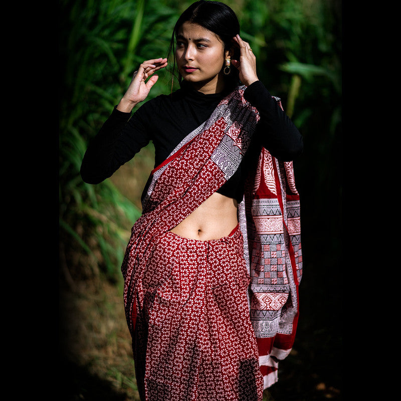 Festive Wear | Cotton Hand Block Printed Bagh Saree | Red