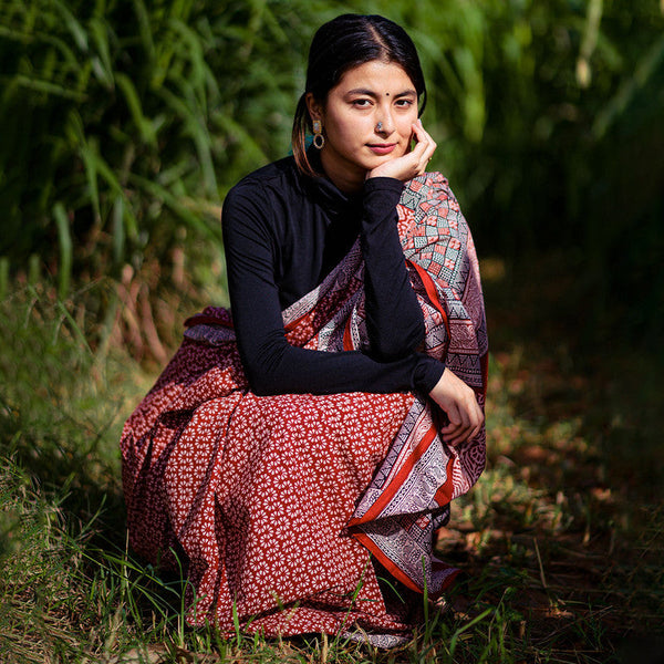 Festive Wear | Cotton Hand Block Printed Bagh Saree | Red