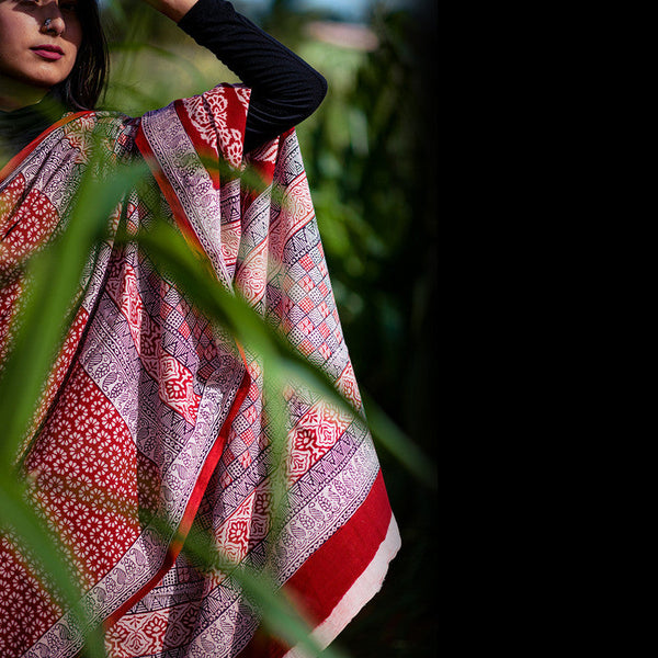 Festive Wear | Cotton Hand Block Printed Bagh Saree | Red