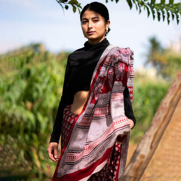 Mulmul Saree | Handblock Print | Natural Dyed | Maroon