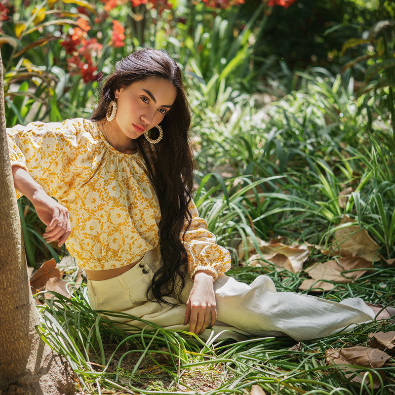 Cotton Hand Block Printed Top | Yellow & White