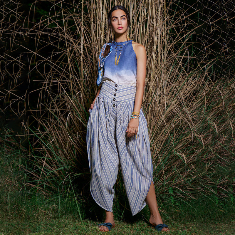 Kala Cotton Draped Pants | Blue & White