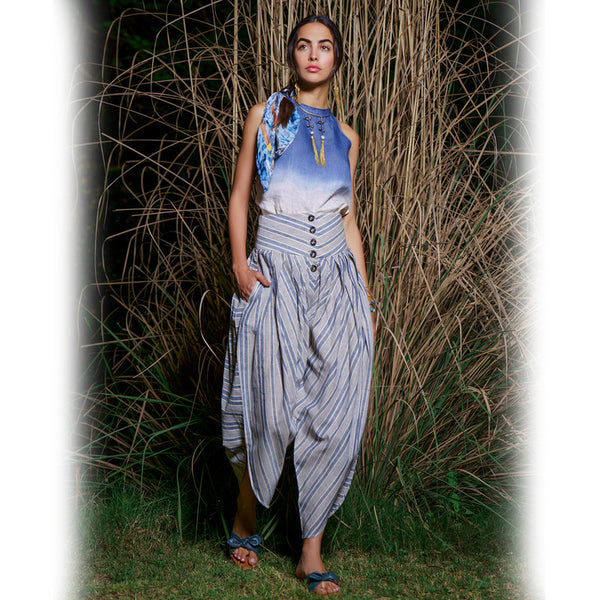 Kala Cotton Draped Pants | Blue & White