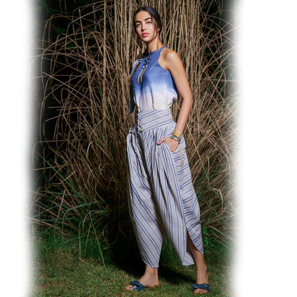 Kala Cotton Draped Pants | Blue & White