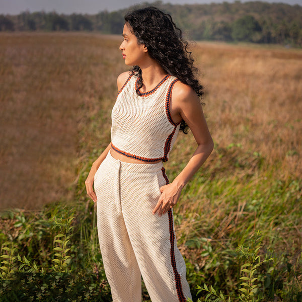 Pants for Women | Cotton Crochet | Hand Embroidered | Ecru & Rust