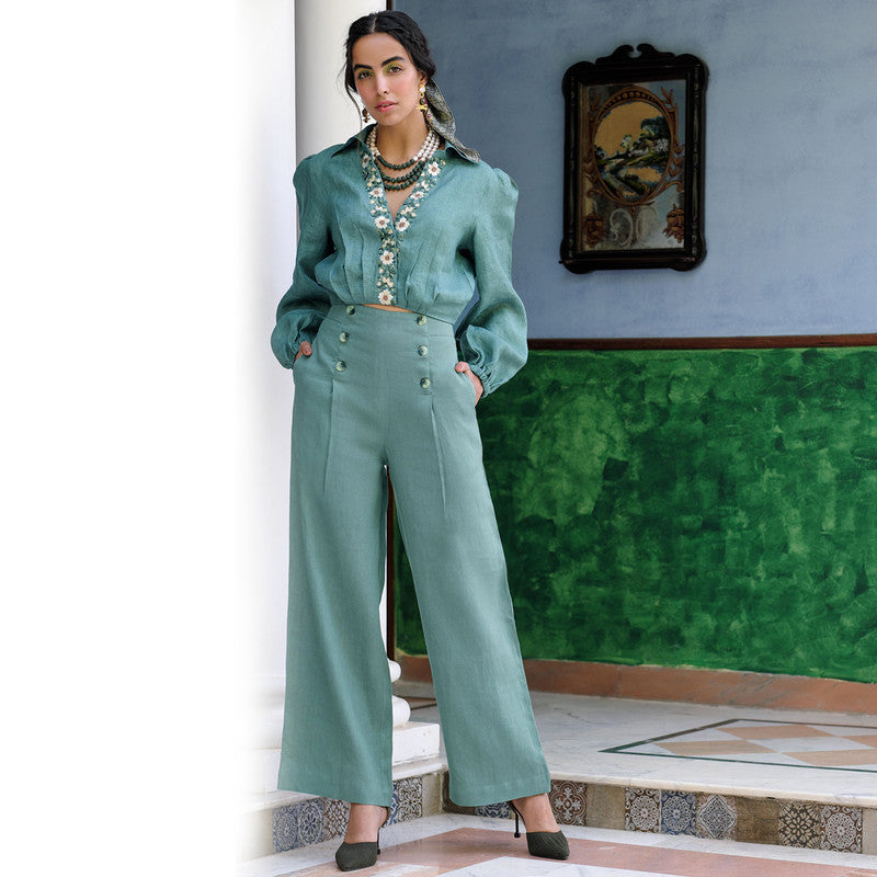 Linen Flared Cut Pants | Green