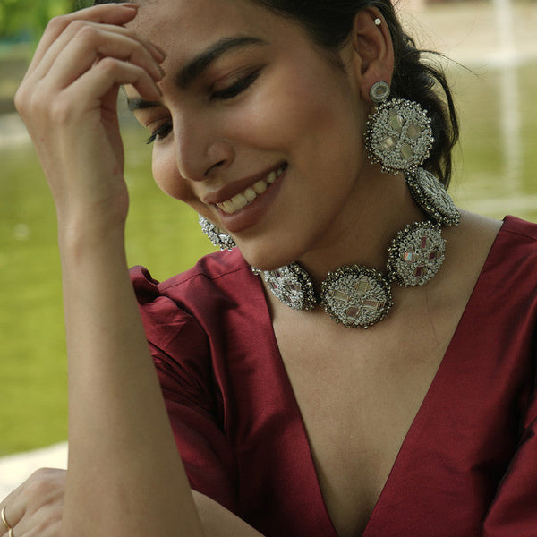 Silver Dabka & Mirror Work Beaded Earrings