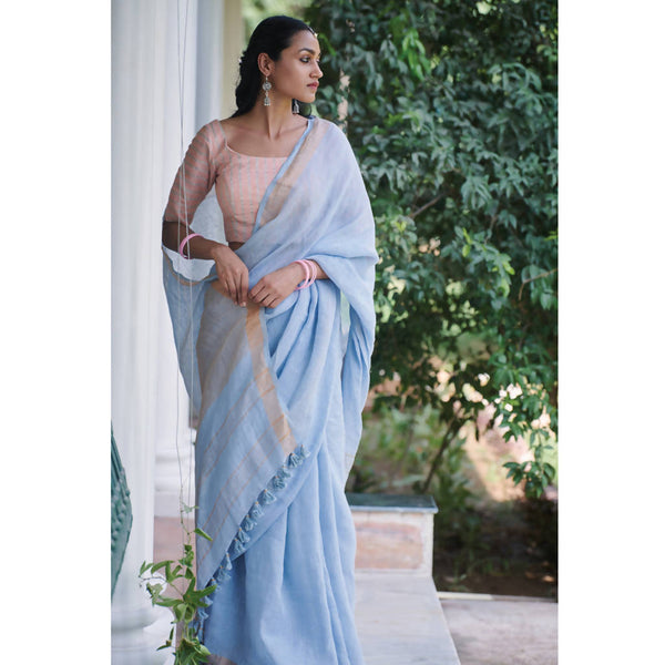 Festive Wear | Pure Linen Saree | Light Blue with Golden Zari