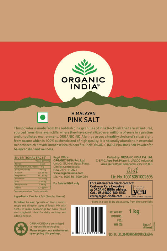 Organic India | Natural Pink Rock Salt | Sendha Namak | 1 kg | Pack of 2.